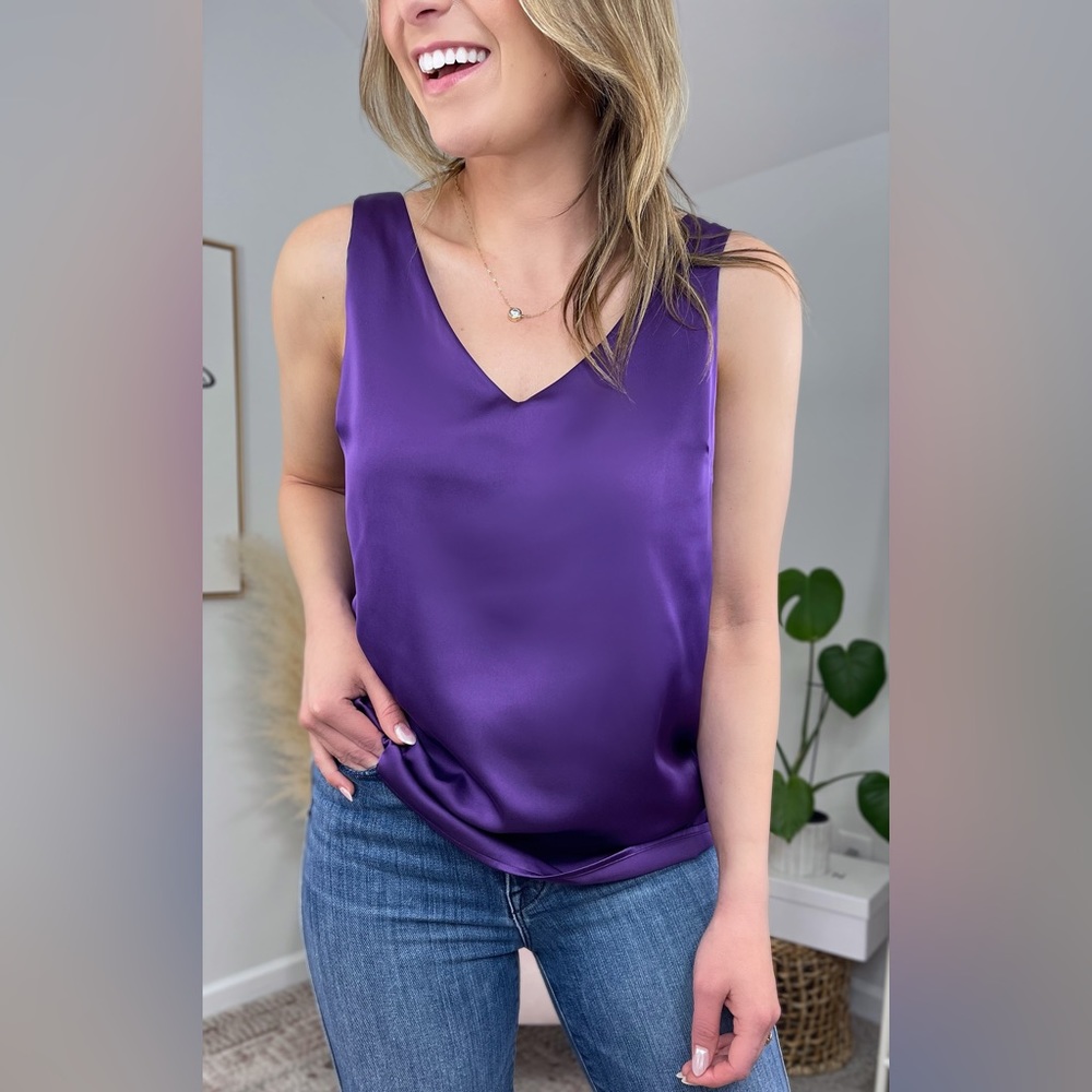 Amazon Ekouaer Silk Satin V Neck Casual Sleeveless Office Blouse, Small, Purple